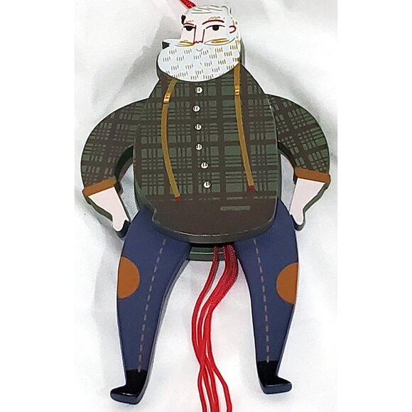FARMER COWBOY SANTA wood pull string Christmas Ornament green plaid shirt jeans - Picture 1 of 9